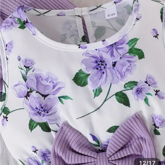 Purple Floral Kids Dress with Bow - Picture 2 of 6